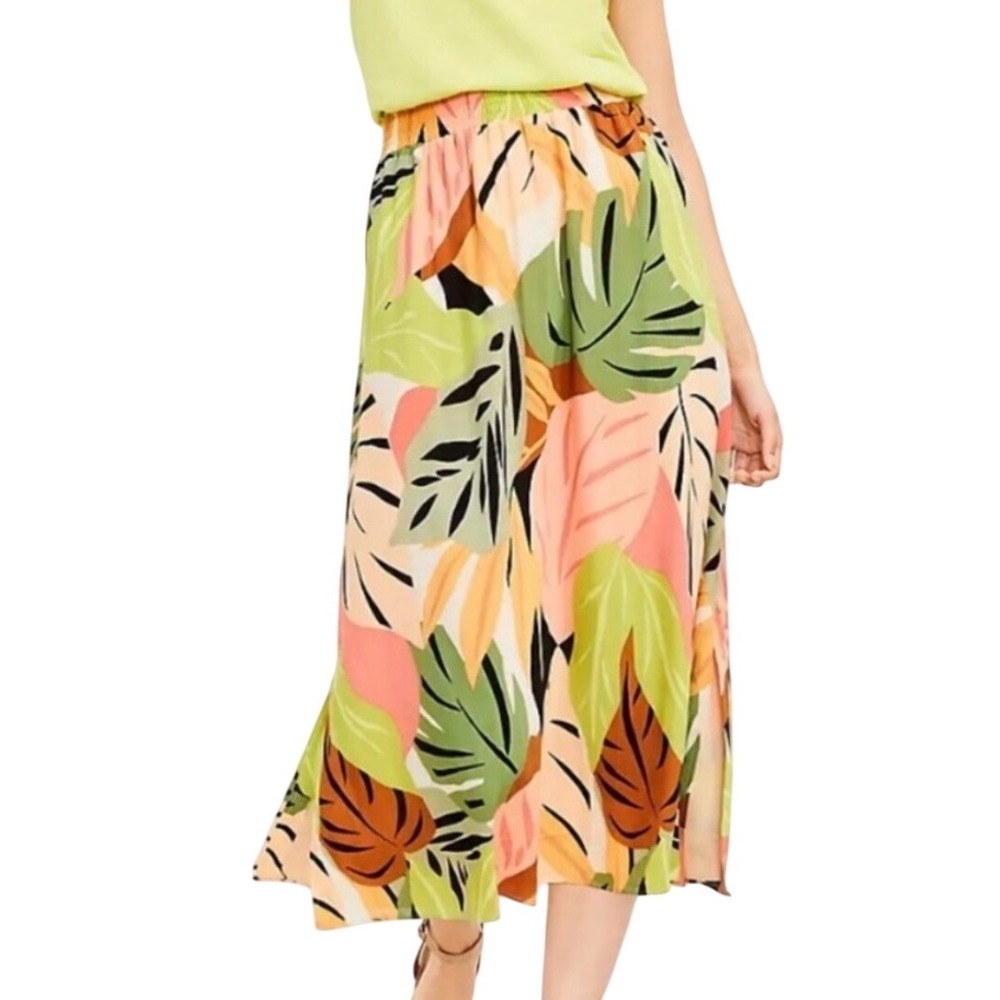 LOFT Women's Tropical Leaf‎ Print Pull On Midi Skirt Size Small Boho Resortwear